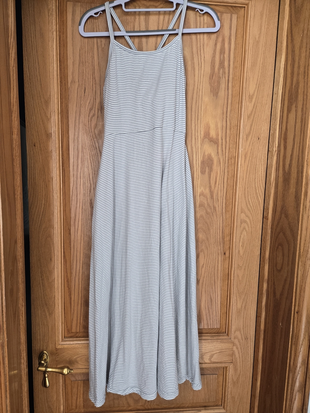 NWOT Pact Striped Pale Blue Gray & White Maxi Dress